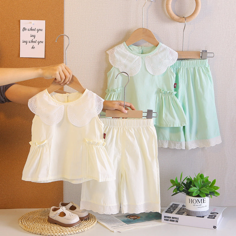 Baby Sleeveless 2026 New Girls' Clothes Summer Outfit Embroidered Collar Shorts Infant Two-Piece Set