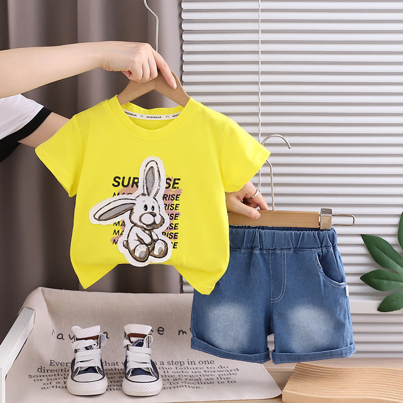Boys' Summer Outfit 2026 New Fashionable Children's Rabbit Print Short Sleeve Shorts Two-Piece Set Baby Casual Trendy Wholesale