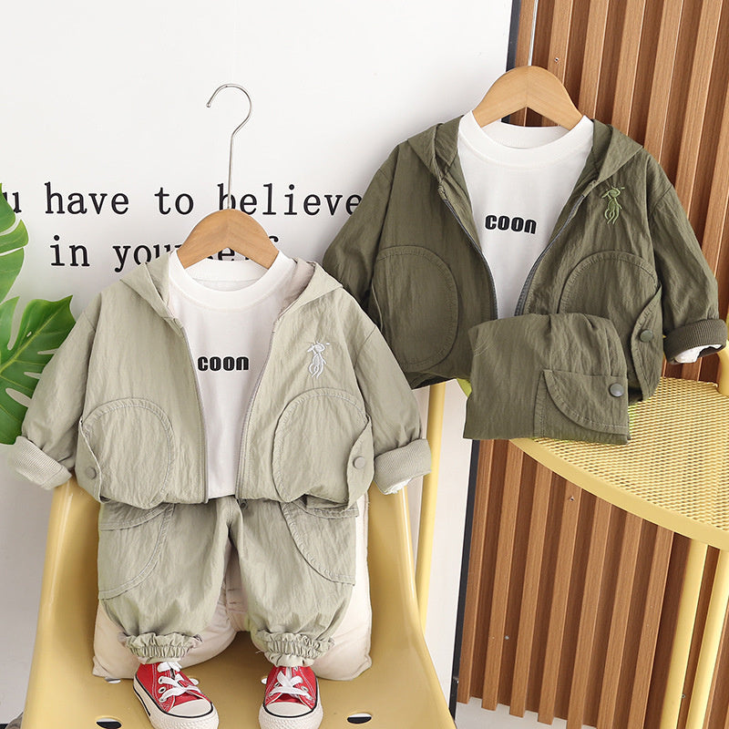 Spring Outfit 2026 New Trendy Stylish Fashionable Children's Clothing Boys' Solid Color Hooded Three-Piece Set