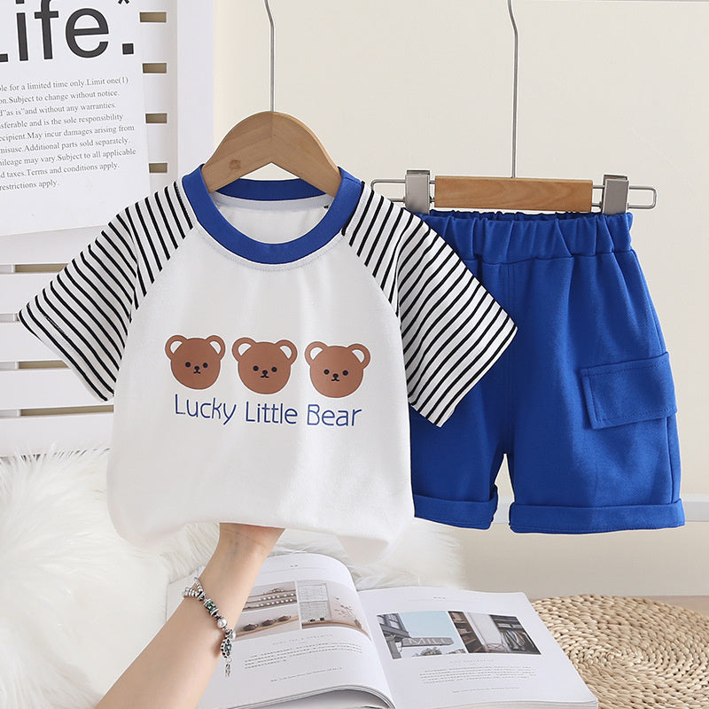 Baby outfit boys, infant clothing, toddler three bear print short-sleeve shorts, thin summer wear for boys