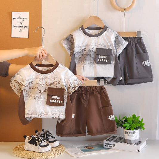 Boys' Summer Outfit 2026 New Style Infant Children's Clothing Thin for 1-3 Years Old, Baby English Pocket Short Sleeve Two-Piece Set