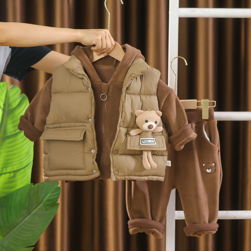 Baby Fleece-Lined Footed Bear Cotton Suit Thickened 2 Children's Clothes Boys' Autumn Clothing 1-Year-Old Infant Winter Outfit