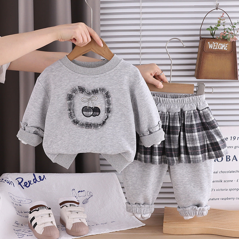 Baby Autumn Outfit Stylish Casual 1-5 Years Old Girl Cherry Sweatshirt Two-Piece Set Children's Clothing Spring