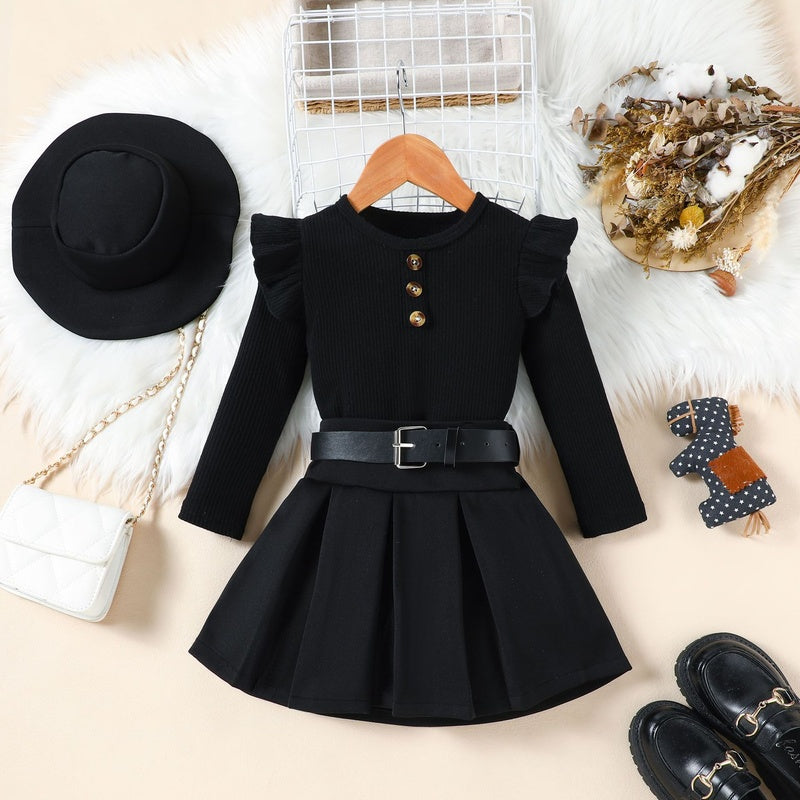 2025 European American Cross-Border Autumn New Girls' Solid Color Flutter Sleeve Top + Pleated Skirt with Belt and Hat Four-Piece Set