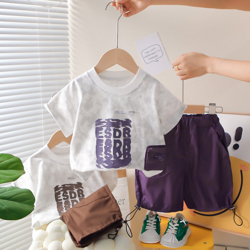 Boys' Summer Outfit 2026 New Trendy Baby Clothes Children's Letter Print Side Pocket Short Sleeve Shorts Two-Piece Set