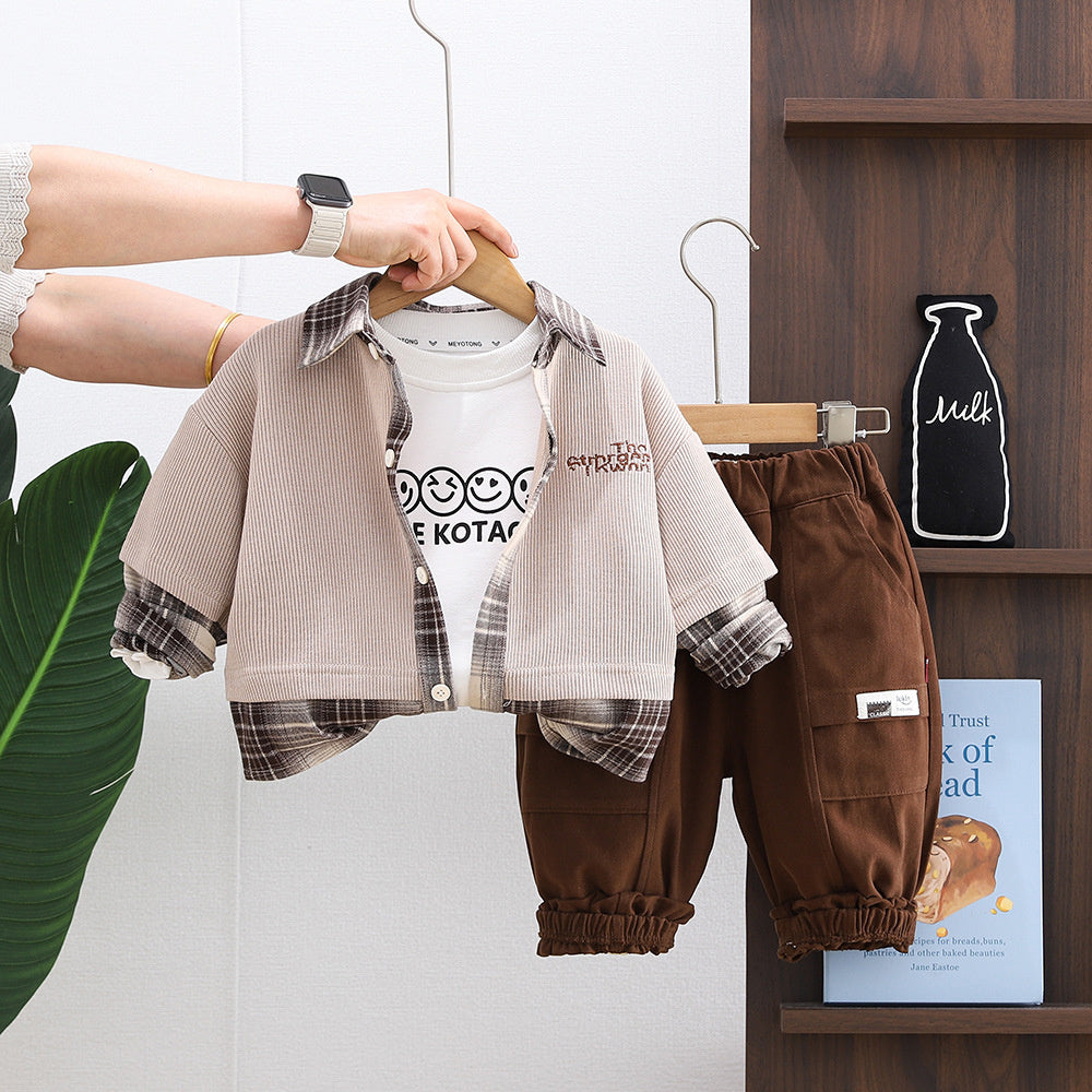 Boys' Spring and Autumn Outfit 2026 New Children's Smiley Face Plaid Patchwork Three-Piece Set Casual Clothes for Boys