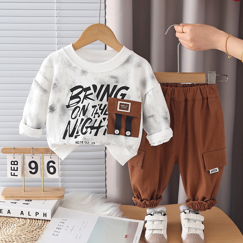 Cool stylish outfit for boys, trendy children's clothing, baby boy spring autumn two-piece set with pockets and letter print