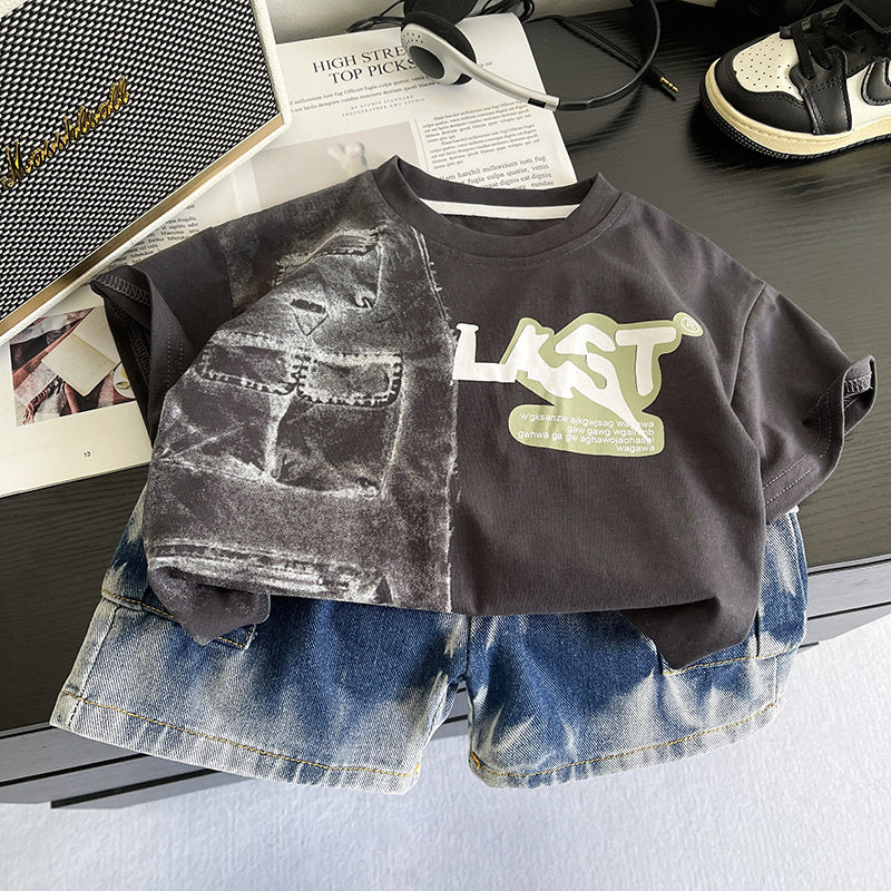 2026 Summer New Foreign Trade Style Boys' Round Neck Short Sleeve Baby Boy's Casual Denim Shorts Two-Piece Set, Dropshipping Available