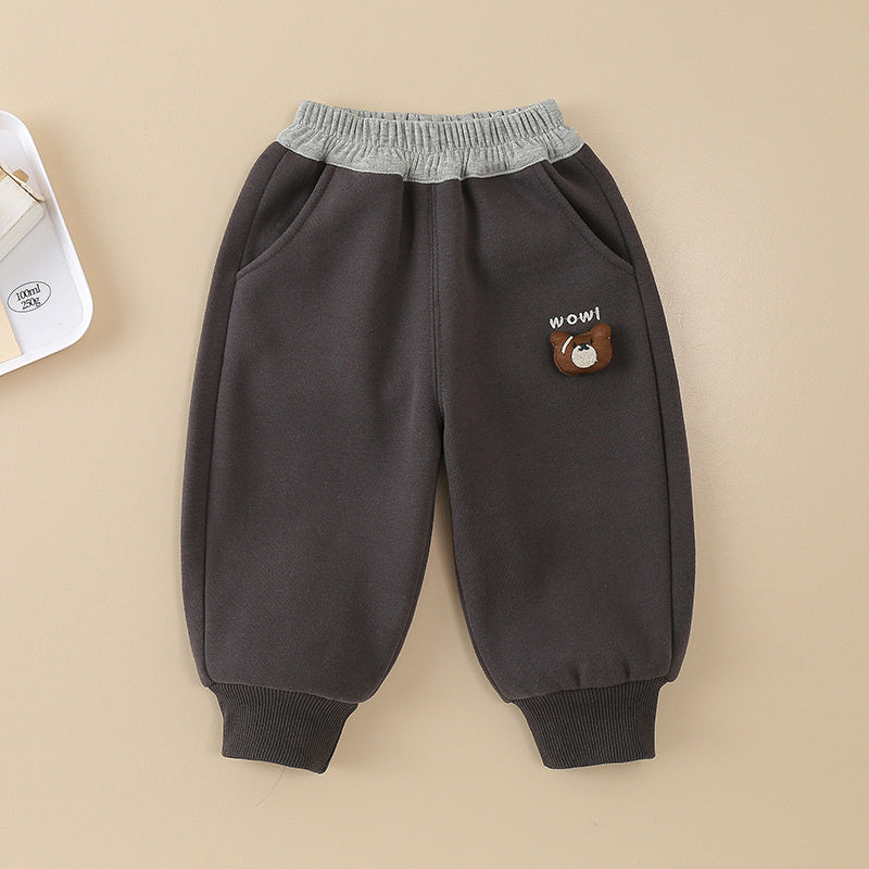 Baby Fleece-Lined Big Mouth Bear Autumn Winter Style Outerwear Boys Toddler Sweatpants Children's Sports Infant Long Pants