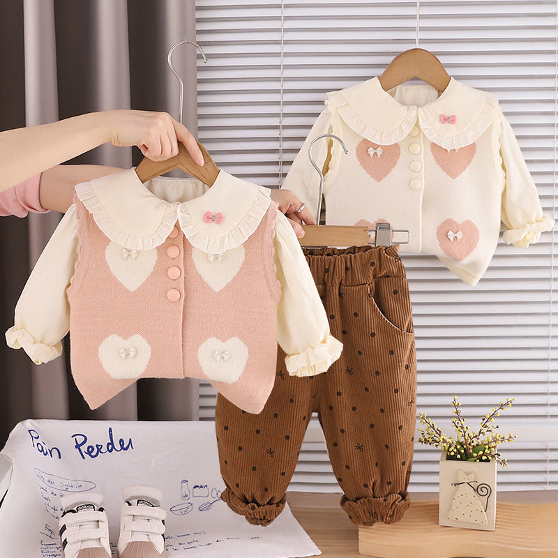 Girls' Autumn Fashionable Outfit, 2-piece for Toddlers and Infants, 1-3 Years Old Baby Girl Spring Clothes, Heart-patterned Sweater Three-piece Set