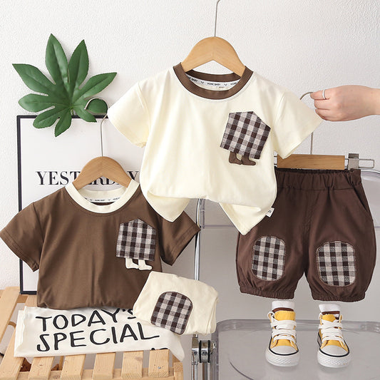 Baby Boy Outfit Stylish Children's Clothing for 1-3 Years Old, Summer Plaid Pocket Short Sleeve Two-Piece Set, Trendy