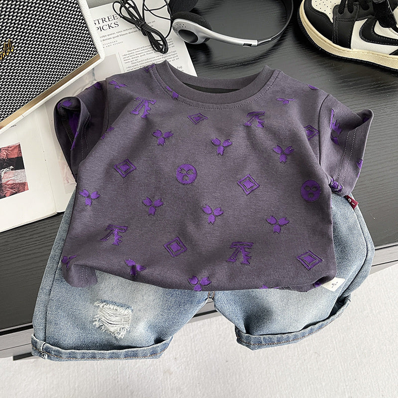 Boys' Outfit 2026 New Fashionable Toddler Summer Clothes with Printed Round Neck Short Sleeve Shirt and Jeans