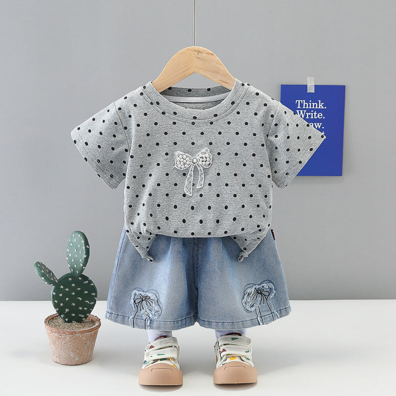 2026 New Summer Children's Outfit Girls, Polka Dot Short Sleeve Shorts Two-Piece Set, Baby Clothes for 1-Year-Old Girls