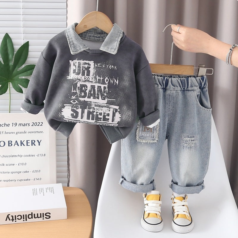 Baby boy spring outfit stylish children's clothing 2026 new style boys' letter sweatshirt two-piece set for one-year-old boys