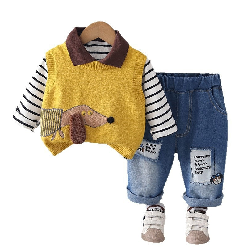 Boys' Suit for 2026 New Model Children's Cute Puppy Sweater Outfit Baby Clothes Spring and Autumn Three-Piece Set