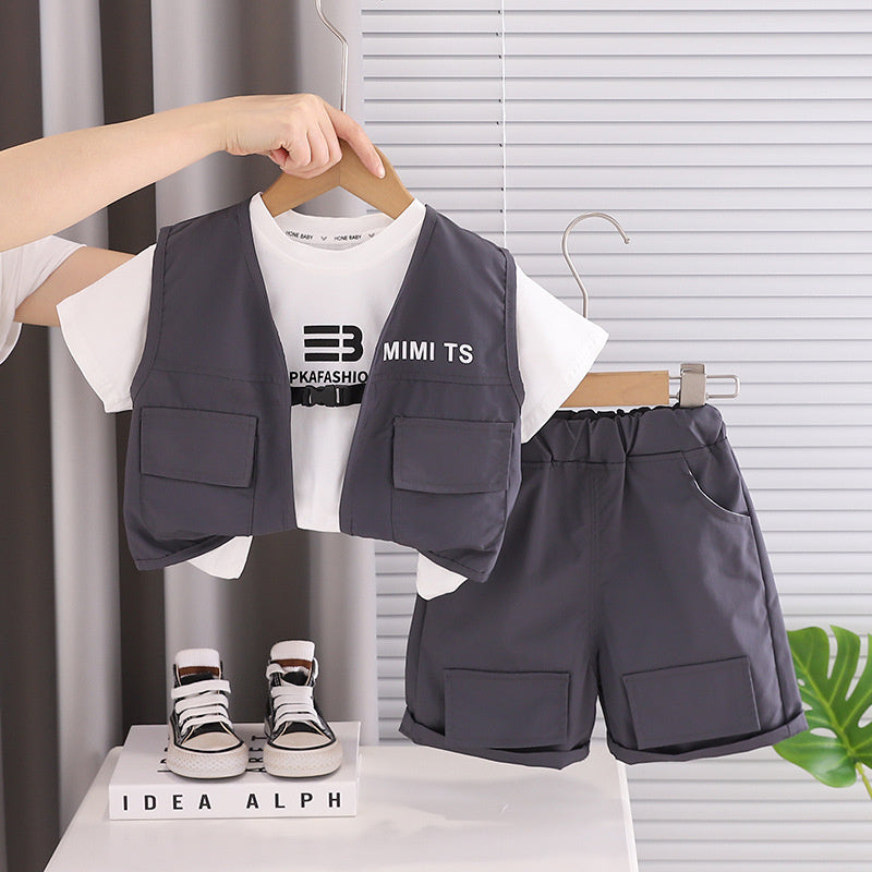 Boys' Outfit 2026 New Fashionable Children's Short-Sleeve Summer Korean Style Letter Vest Three-Piece Set Trendy