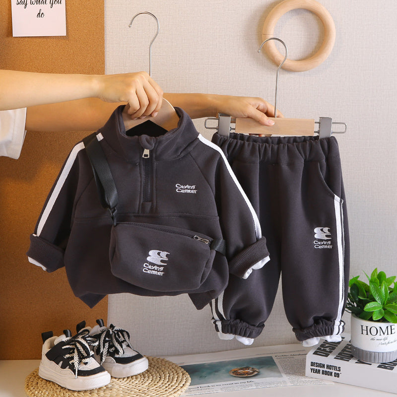 Boys' Autumn Outfit 2025 New Style Children's Long-Sleeve Clothes Stylish Baby Two-Piece Set with Half-Zip Jacket and Crossbody Bag