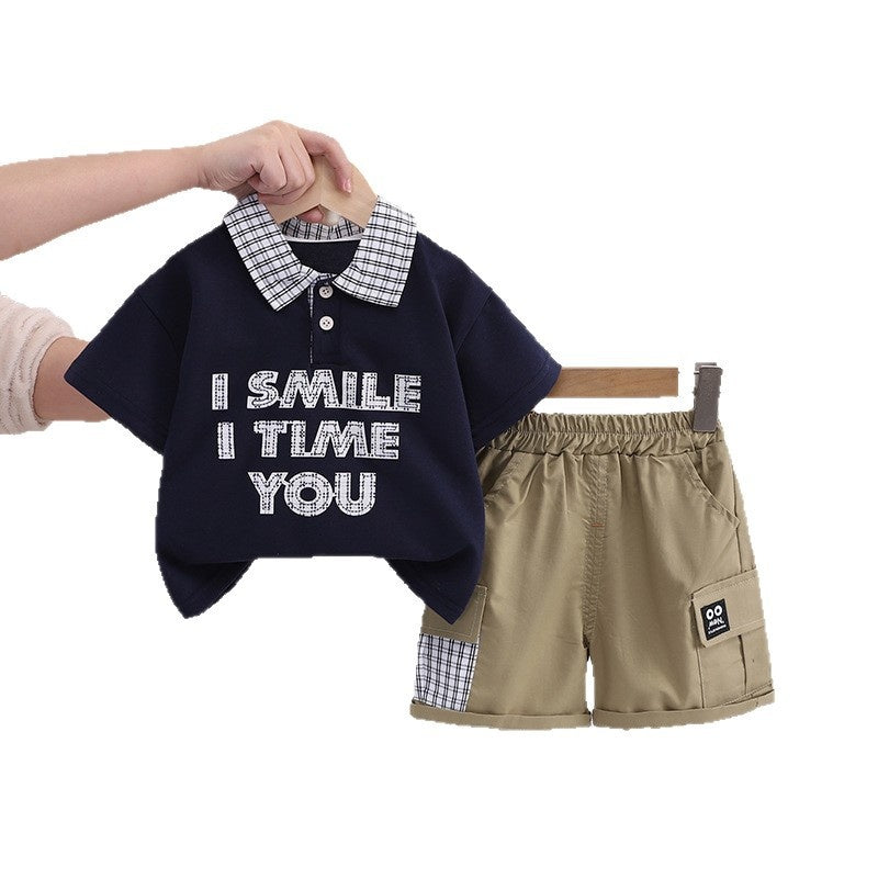 Boys' Summer Outfit 2026 New Style 1-2-3 Years Old, Stylish Plaid Patchwork Short Sleeve and Shorts Two-Piece Set for 4-Year-Olds