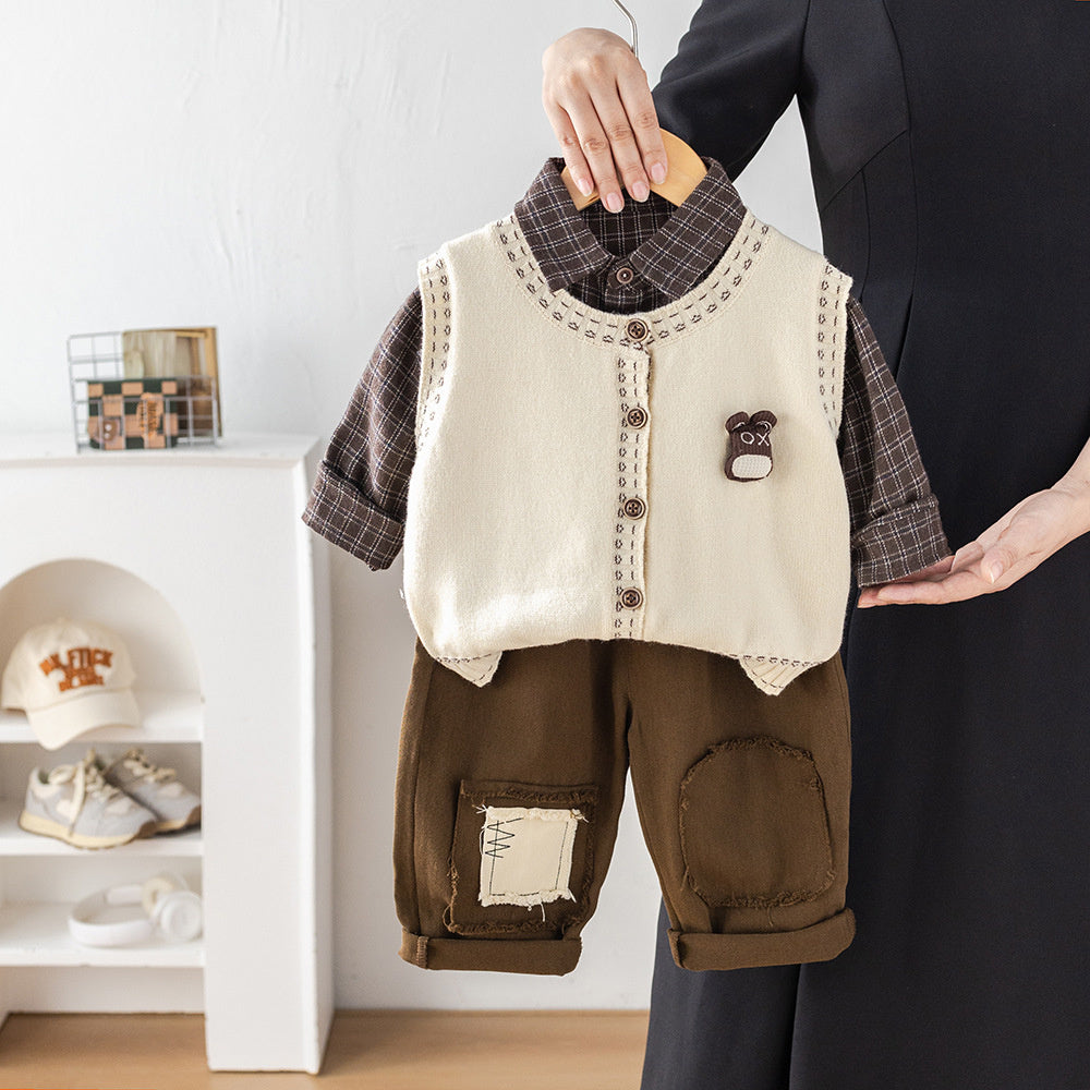Boys' Spring and Autumn 2025 New Fashionable Children's Stylish Baby 3D Bear Head Cardigan Sweater Three-Piece Set Trendy