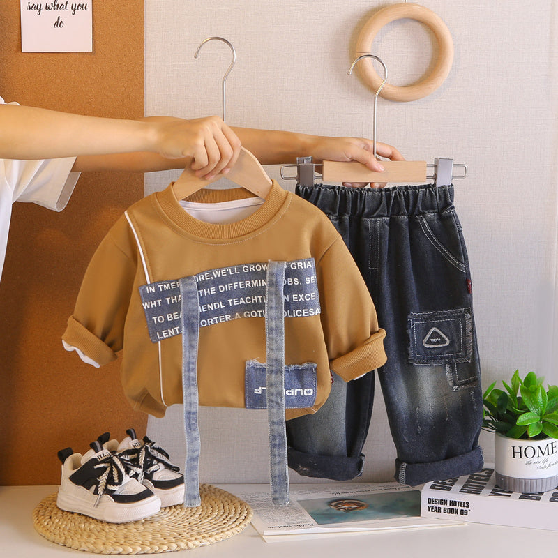 Boys' Outfit, Toddler Baby Spring and Autumn Two-Piece Set, 2026 New Patchwork Sweatshirt, Clothes for Children Aged 1-3 Years