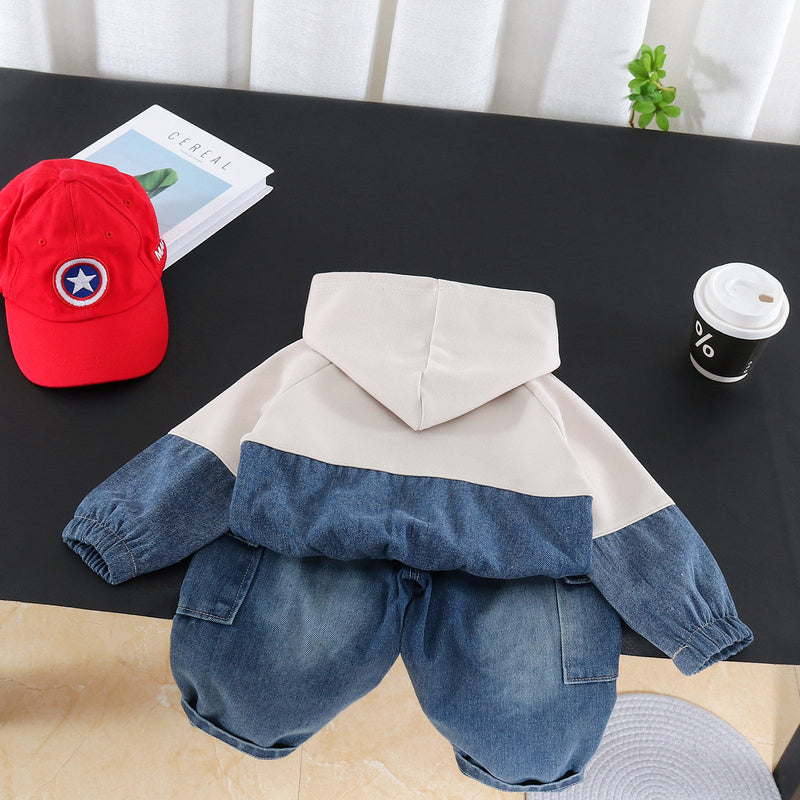 Boys' Outfit 2026 New Spring Autumn Clothes for Infants and Children Denim Patchwork Hoodie Casual Two-Piece Trendy Set