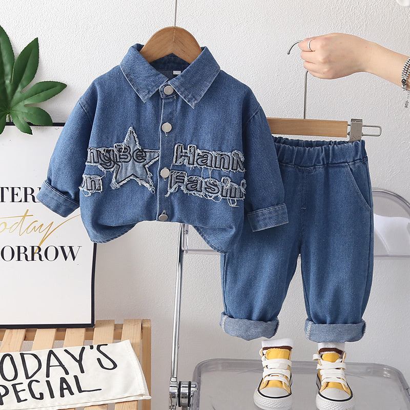 Boys' and Autumn Outfit 2026 New Style, Stylish Korean Version Young Boys, Spring Patchwork Denim Two-Piece Set for Children
