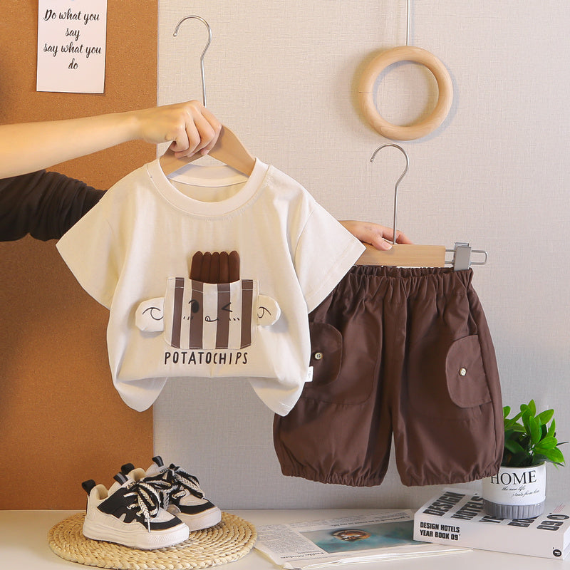 New stylish outfit for boys 2026, baby short-sleeve clothing, children's summer casual round-neck two-piece set, trendy
