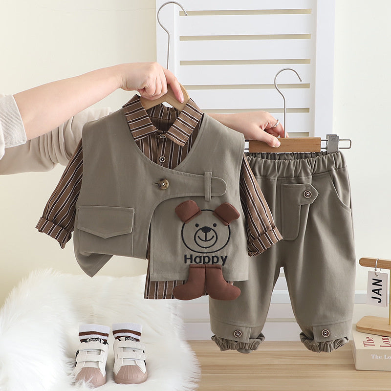 and Autumn Long Sleeve 2025 Spring New Workwear Bear Vest Three-Piece Set 1-5 Years Old Children's Clothing