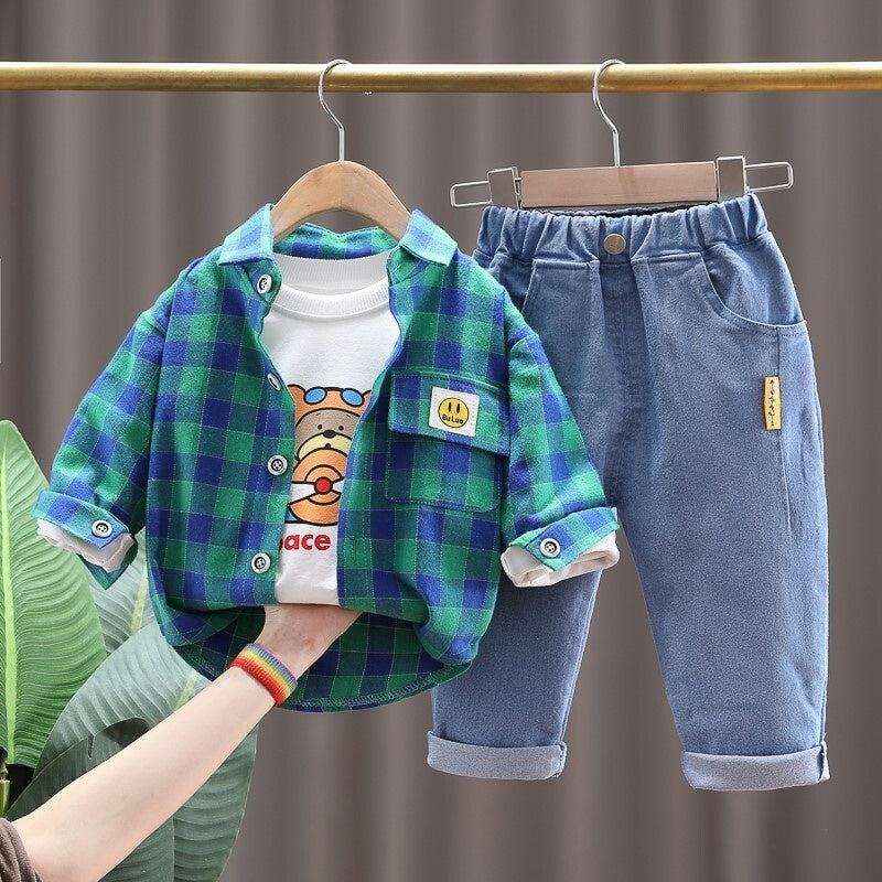 Children's Outerwear Baby Girls Spring and Autumn Outfit 1-4 Years Old Foreign Trade Boys Plaid Shirt Denim Three-Piece Set 2
