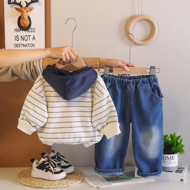 Outfit Set 2026 New Fashionable Toddler Boy Spring and Autumn Striped Hoodie Two-Piece Baby Clothes