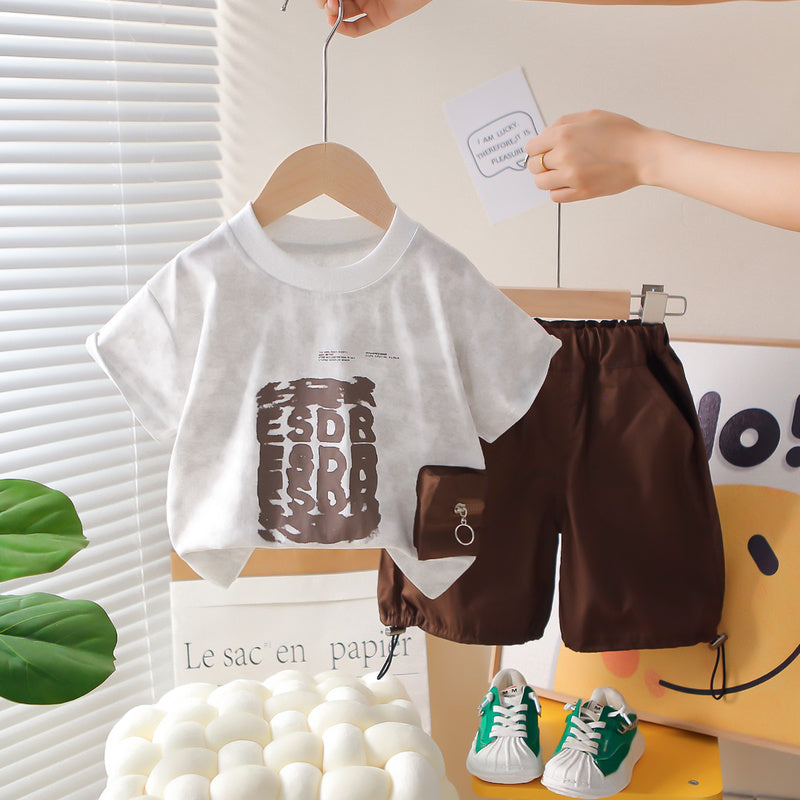 Boys' Summer Outfit 2026 New Trendy Baby Clothes Children's Letter Print Side Pocket Short Sleeve Shorts Two-Piece Set