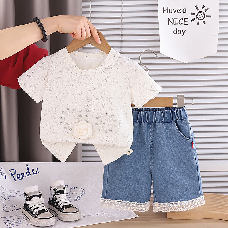 Girls' Summer Outfit 2026: Baby with Rhinestone Letters, Short-Sleeve Denim Shorts, New Trendy Two-Piece Set