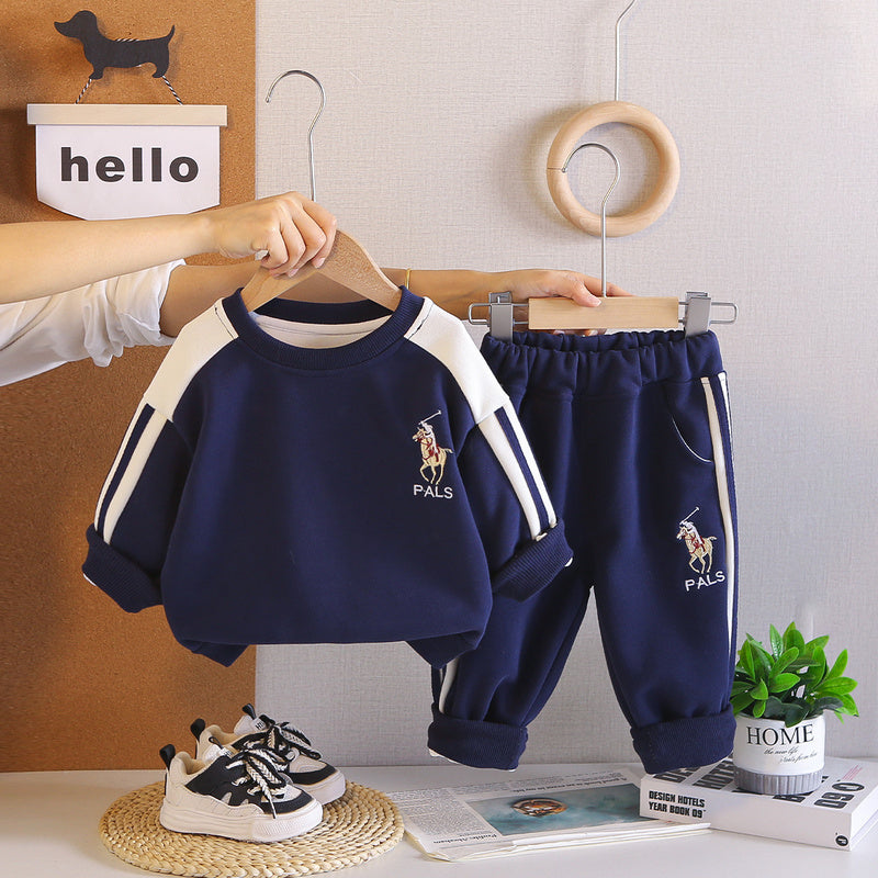 Boys' Embroidered Round Neck Sweatshirt 2026 New Autumn Two-Piece Set Trendy Baby Casual Sports Children's Clothing