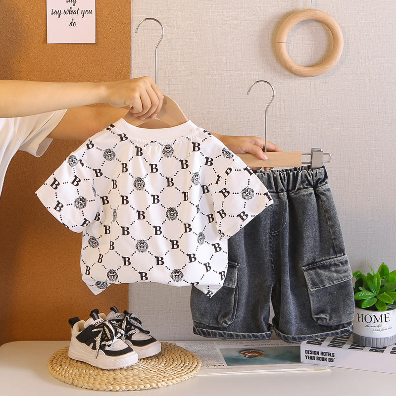 Boys' Outfit 2026 New Stylish Round Neck Lion Children's Short Sleeve Two-Piece Set Baby Summer Clothes
