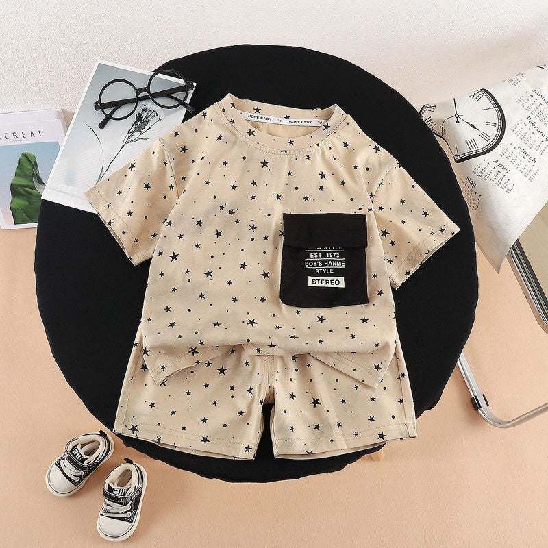 Boys' Outfit with Star Print Short Sleeve 2026 New Fashionable Two-Piece Set for Children's Summer Casual Wear