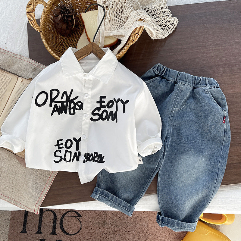 Boys' Outfit: Letter Print Shirt Set, Casual Trendy, Long Sleeve Two-Piece Set for Babies Toddlers in Spring and Autumn
