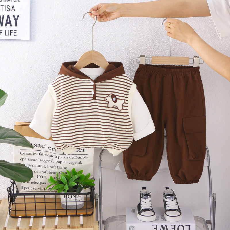 Boys' Suit for 2026 New Stylish Baby Clothes Spring and Autumn Striped Puppy Hoodie Three-Piece Set