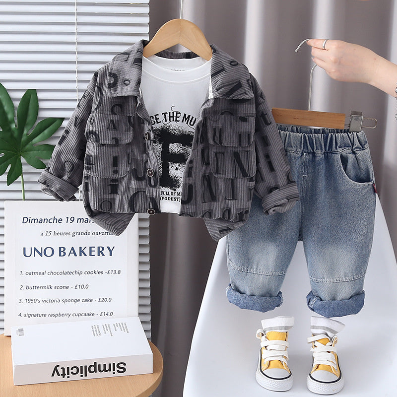 Boys' Outfit 2025 New Stylish Children's Spring and Autumn Letter Corduroy Three-Piece Set Baby Kids' Fashion