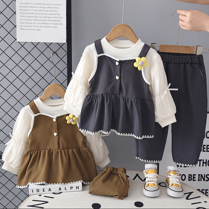 Stylish Loose Outfit for Girls, Baby Girl 2026 New Fashion Autumn Princess Dress with Big Bow Strap Skirt Three-Piece Set
