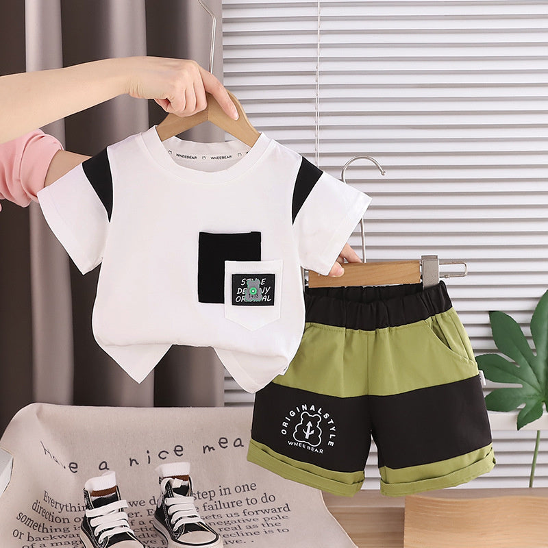Boys' Outfit 2026 New Children's Clothing Summer Double Pocket Patchwork Bear Short Sleeve Two-Piece Set Baby Trendy