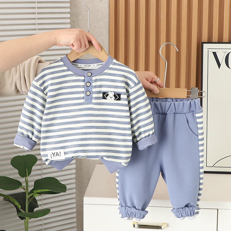 Outfit Round Neck Button Set 2024 New Children's Spring and Autumn 1 to 3 Years Old Boys' Stylish Clothes
