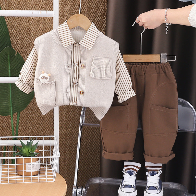 Boys' Suit and Autumn 2025 New Children's Spring Pocket Bear Sweater Vest Three-Piece Set Baby Clothing