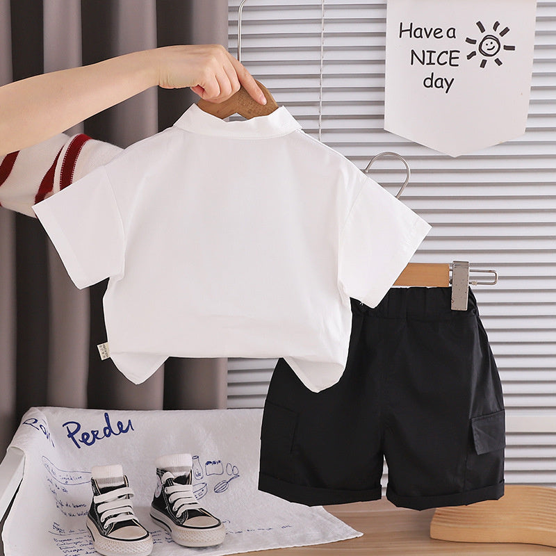 Boys' Outfit Set, Stylish 2026 New Model Children, Baby Summer Suit with Turn-down Collar and Tie, Short Sleeve, for 1-4 Year Olds