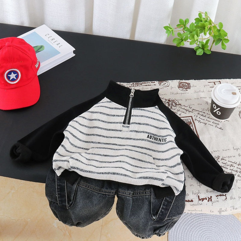 Boys' Outfit 2026 New Fashionable Children's Stand-up Collar Striped Two-piece Set Baby Spring and Autumn Casual Trend