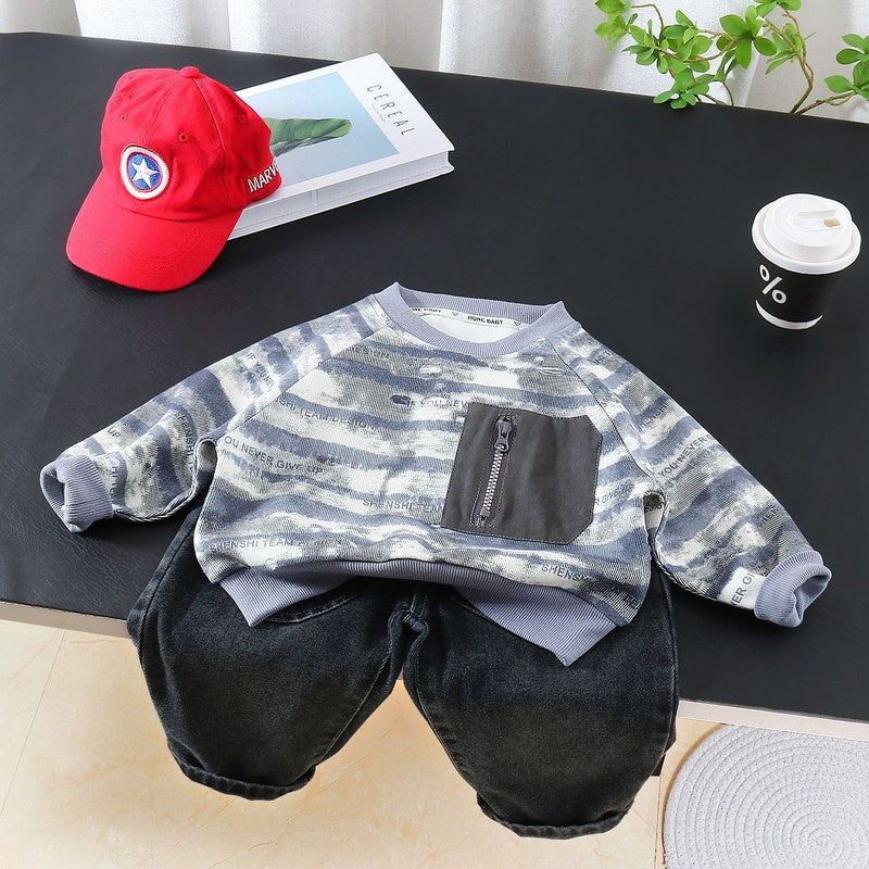 Boys' Outfit 2026 New Children's Spring and Autumn Tie-Dye Striped Sweatshirt Two-Piece Set Baby Korean Style Trendy Clothes