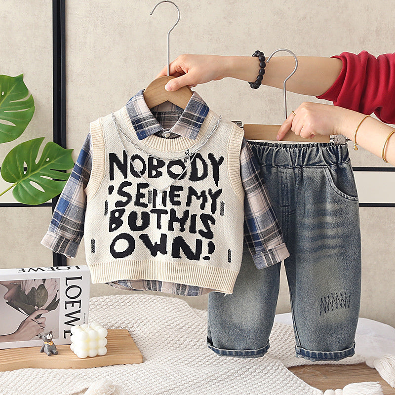 Baby clothes fashion Korean style full-body letter sweater three-piece set for one-year-old boys, trendy spring and autumn outfit