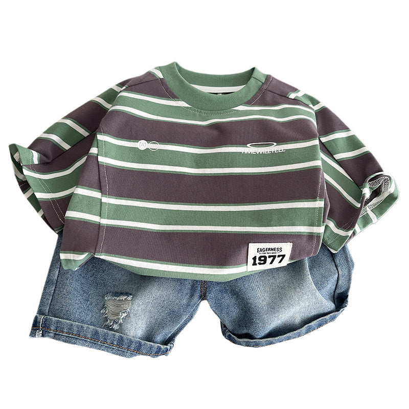 Boys' Summer Outfit 2026 New Fashionable Striped Short-Sleeve Denim Shorts Two-Piece Set for Toddlers