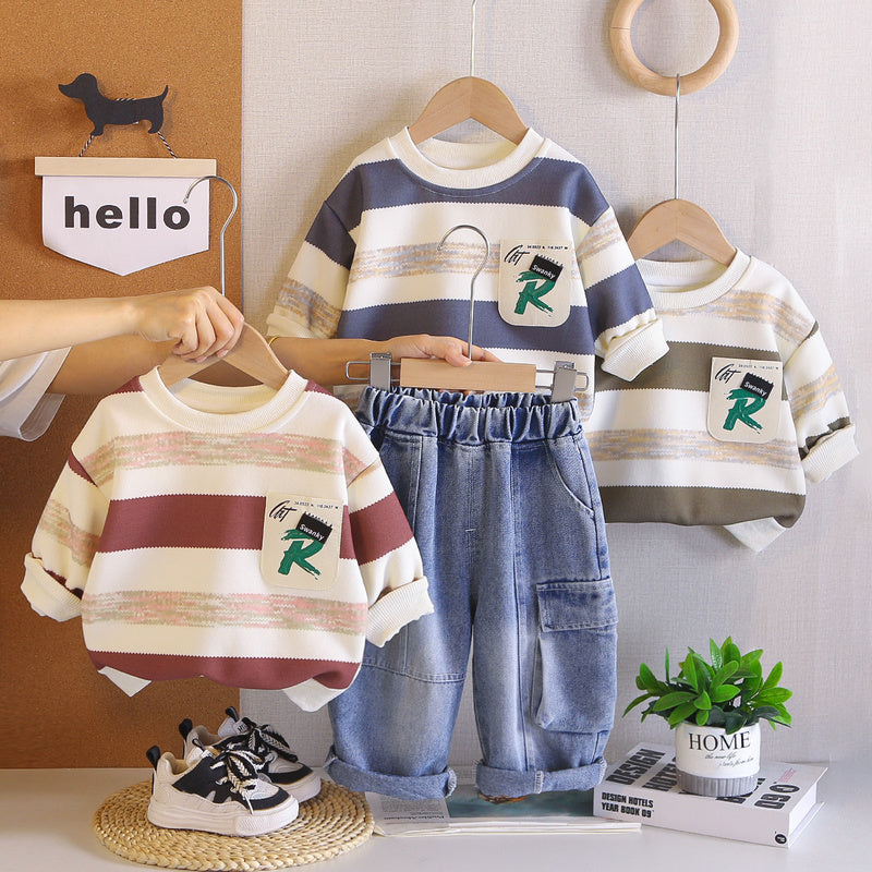 Baby boy striped pocket set, toddler casual round-neck long-sleeve stylish autumn outfit, children's two-piece trendy and cool set