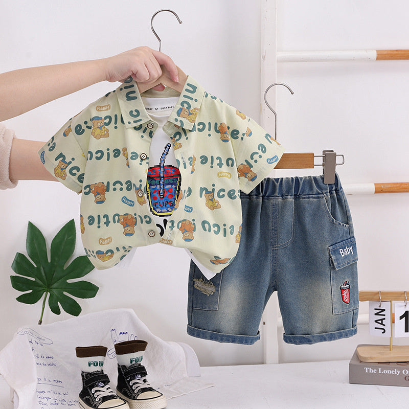 Boys' Outfit 2026 New Fashionable Baby Summer Letter Bear Cardigan Three-Piece Set Infant Children's Clothing