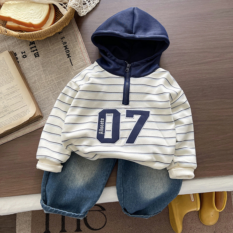 Outfit Set 2026 New Fashionable Toddler Boy Spring and Autumn Striped Hoodie Two-Piece Baby Clothes